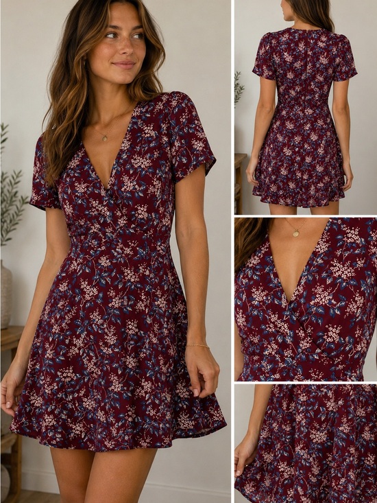 Madewell Dresses & Skirts - Madewell Burgundy Floral V-Neck Mini Dress size 0